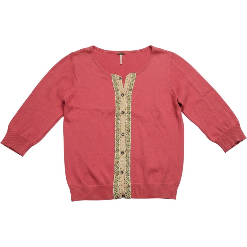 Free People Coral Pink Floral Embroidered Crochet Knit Cardigan Sweater Size M